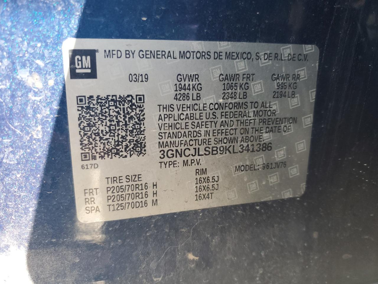 2019 Chevrolet Trax VIN 3GNCJLSB9KL341386 Copart auction photo, rear end / front end damage thumbnail 14