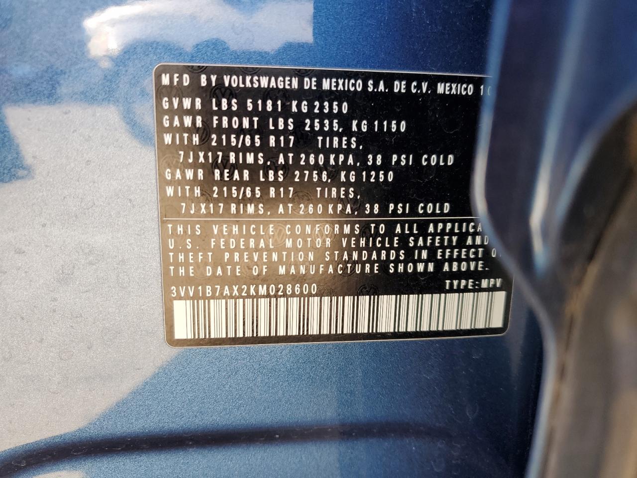 2019 Volkswagen Tiguan VIN 3VV1B7AX2KM028600 Copart auction photo, side damage thumbnail 14