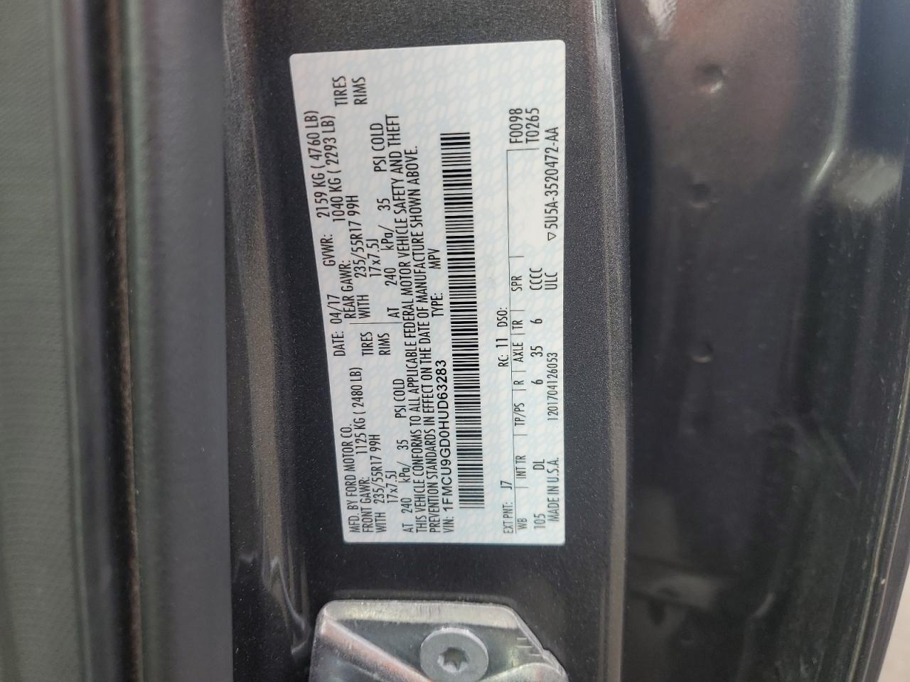 2017 Ford Escape VIN 1FMCU9GD0HUD63283 Copart auction photo, front end / undercarriage damage thumbnail 13