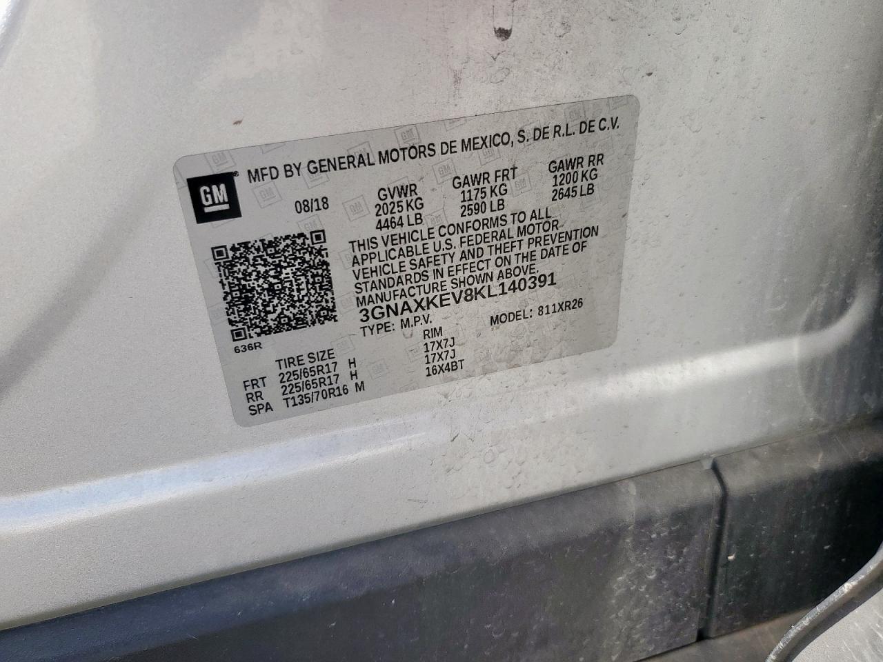 2019 Chevrolet Equinox VIN 3GNAXKEV8KL140391 Copart auction photo, front end damage thumbnail 12