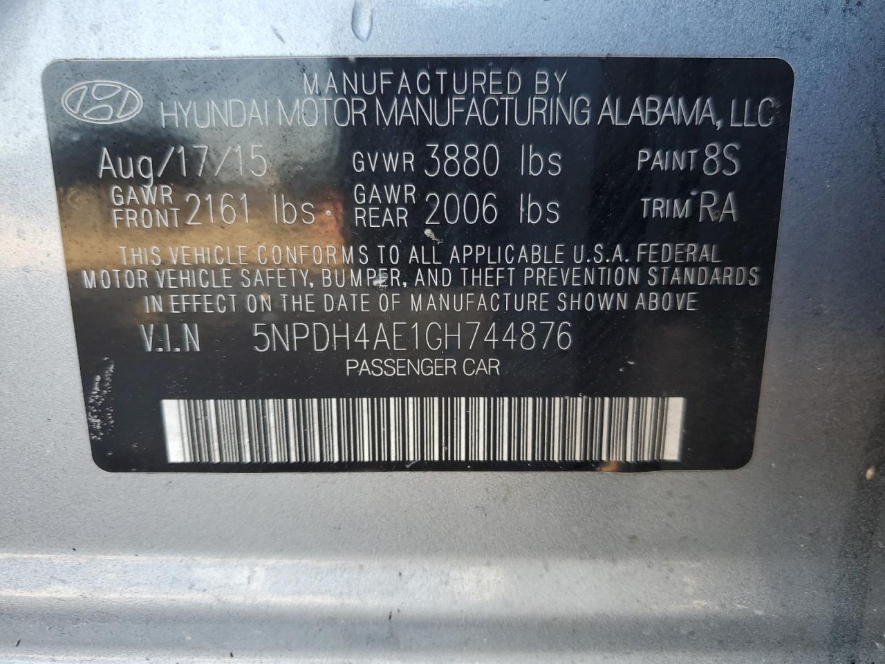 2016 Hyundai Elantra VIN 5NPDH4AE1GH744876 Copart auction photo, rear end damage thumbnail 12