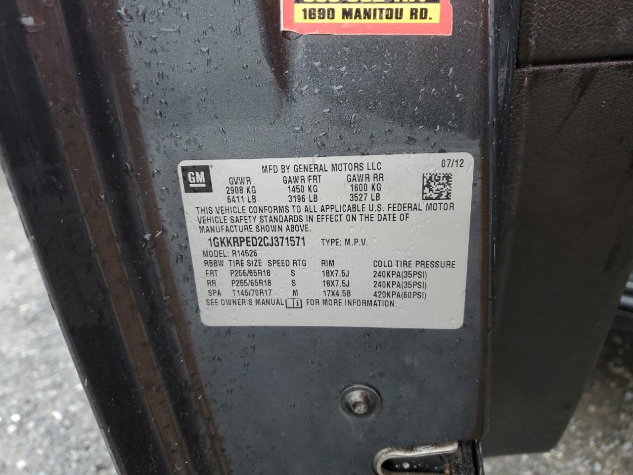 2012 GMC Acadia VIN 1GKKRPED2CJ371571 Copart auction photo, front end damage thumbnail 13
