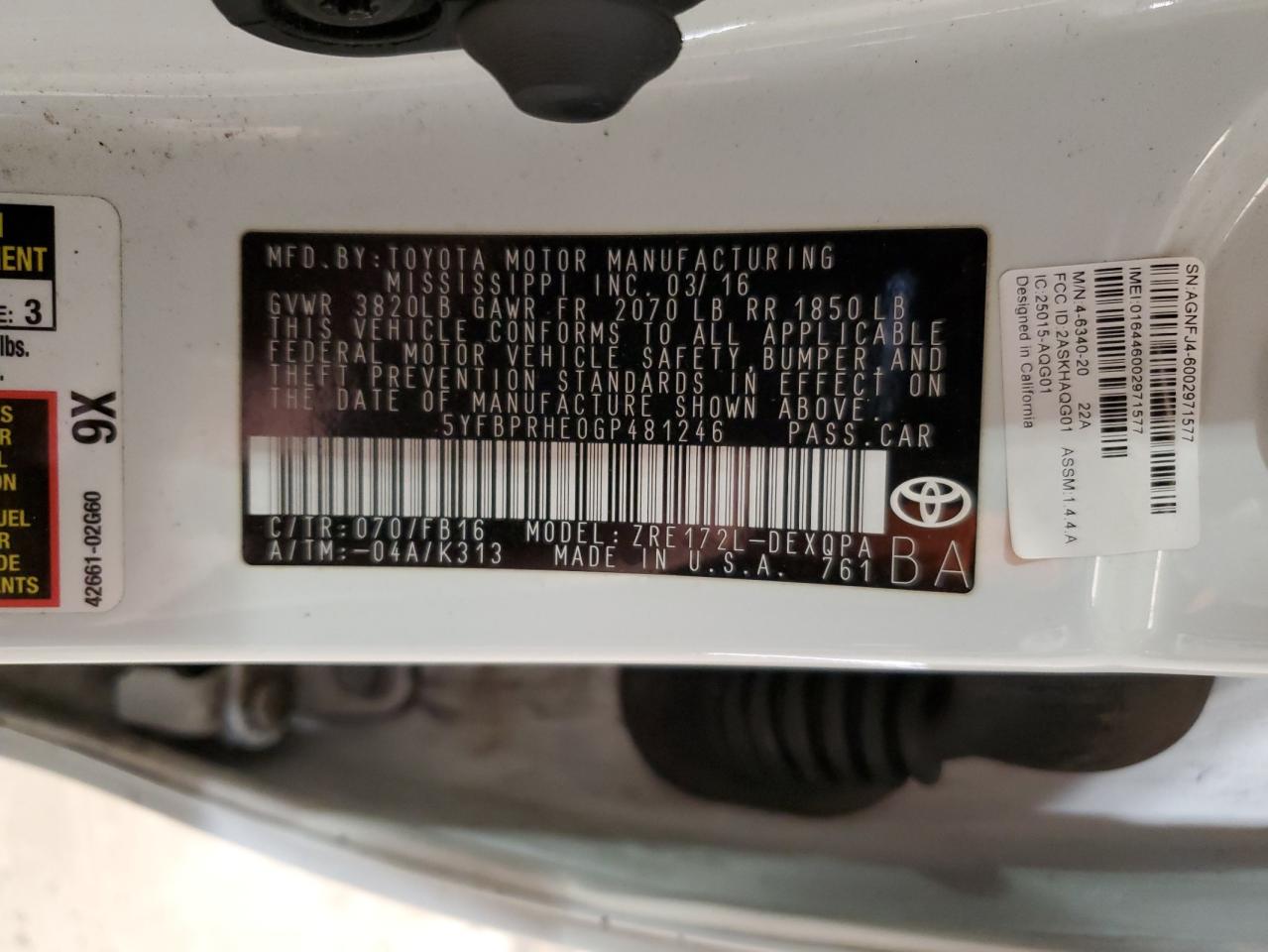 2016 Toyota Corolla VIN 5YFBPRHE0GP481246 Copart auction photo, rear end / side damage thumbnail 12