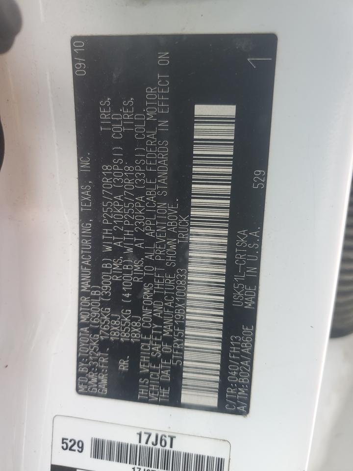 2011 Toyota Tundra VIN 5TFRY5F19BX100833 Copart auction photo, all over damage thumbnail 14