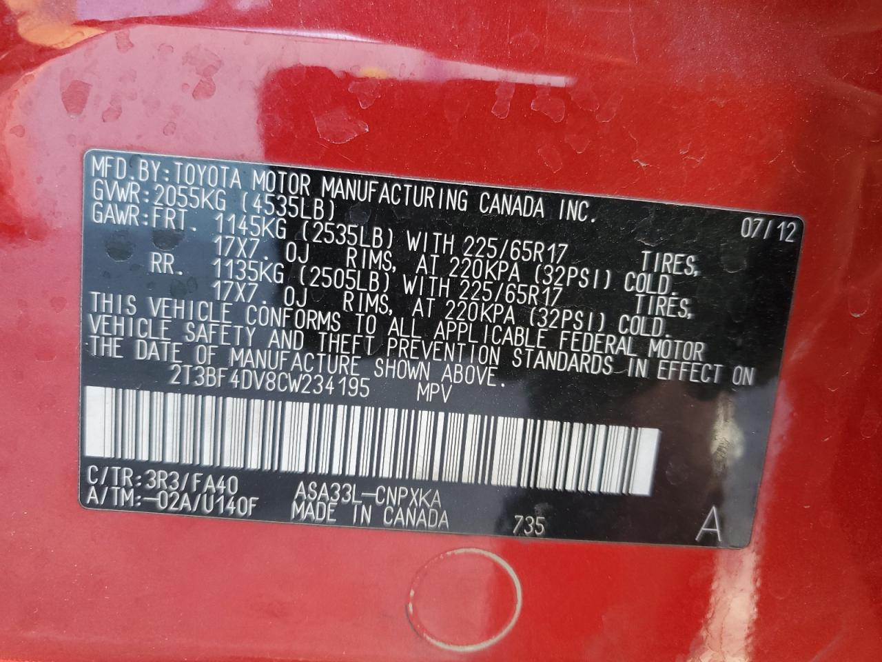 2012 Toyota RAV 4 VIN 2T3BF4DV8CW234195 Copart auction photo, front end damage thumbnail 14