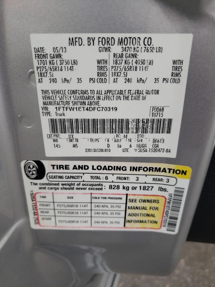 2013 Ford F-150 VIN 1FTFW1ET4DFC70319 Copart auction photo, side damage thumbnail 12