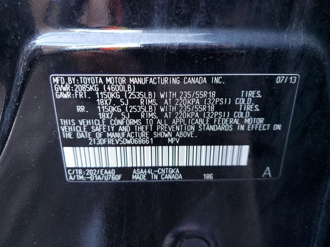 2013 Toyota RAV 4 VIN 2T3DFREV5DW068661 Copart auction photo, mechanical damage thumbnail 13
