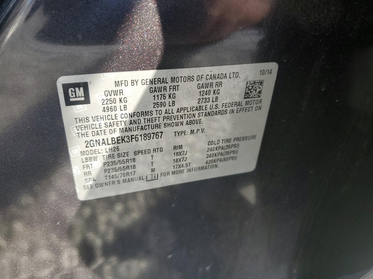 2015 Chevrolet Equinox VIN 2GNALBEK3F6189767 Copart auction photo, rear end damage thumbnail 13
