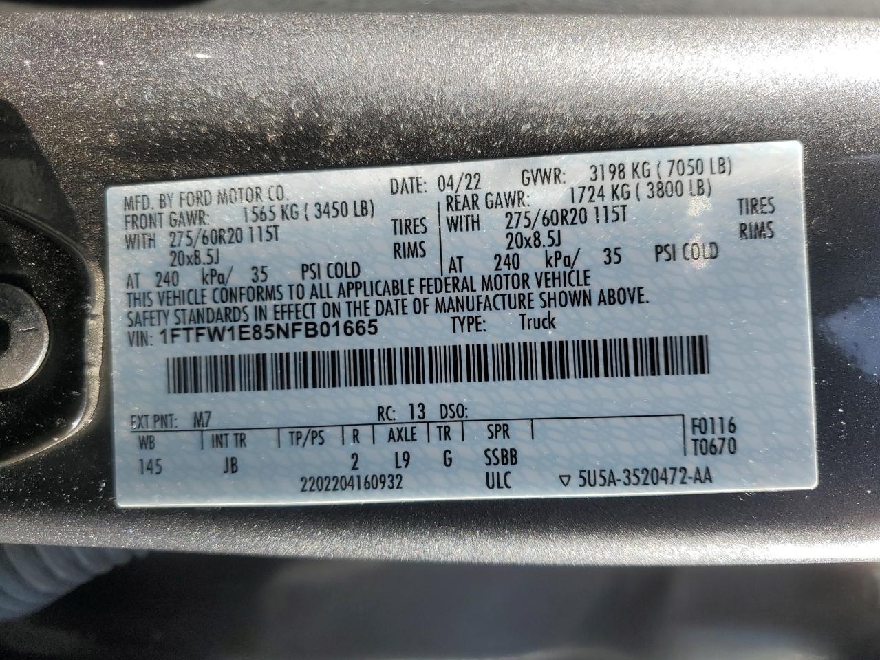 2022 Ford F-150 VIN 1FTFW1E85NFB01665 Copart auction photo, front end / rear end damage thumbnail 12