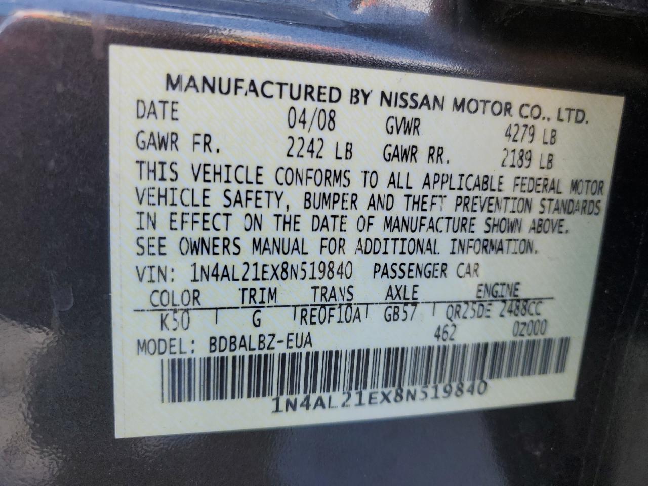 2008 Nissan Altima VIN 1N4AL21EX8N519840 Copart auction photo, front end damage thumbnail 12
