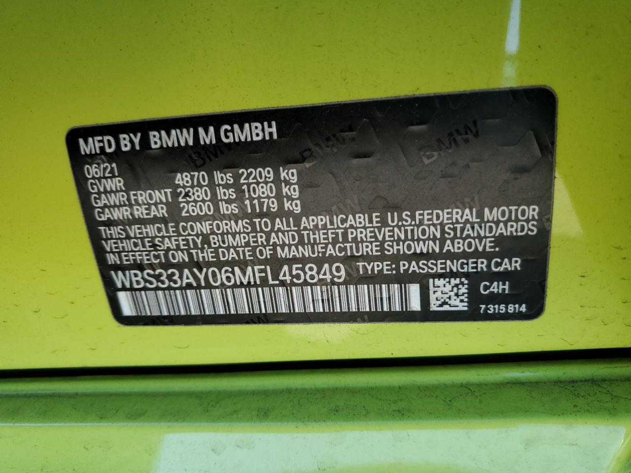 2021 BMW M3 VIN WBS33AY06MFL45849 Copart auction photo, front end / rear end damage thumbnail 15
