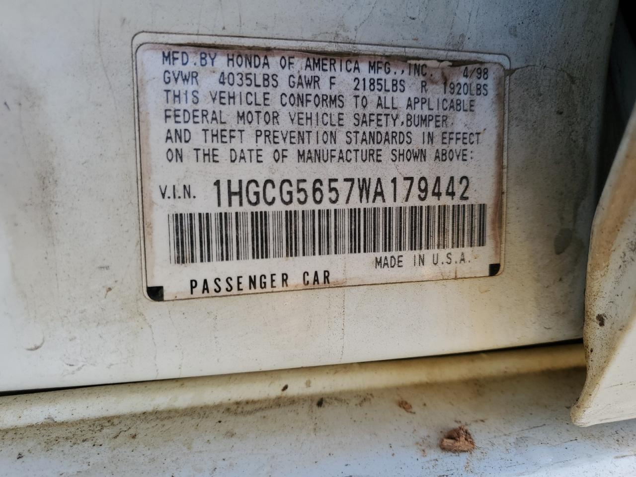 1998 Honda Accord VIN 1HGCG5657WA179442 Copart auction photo, all over damage thumbnail 14