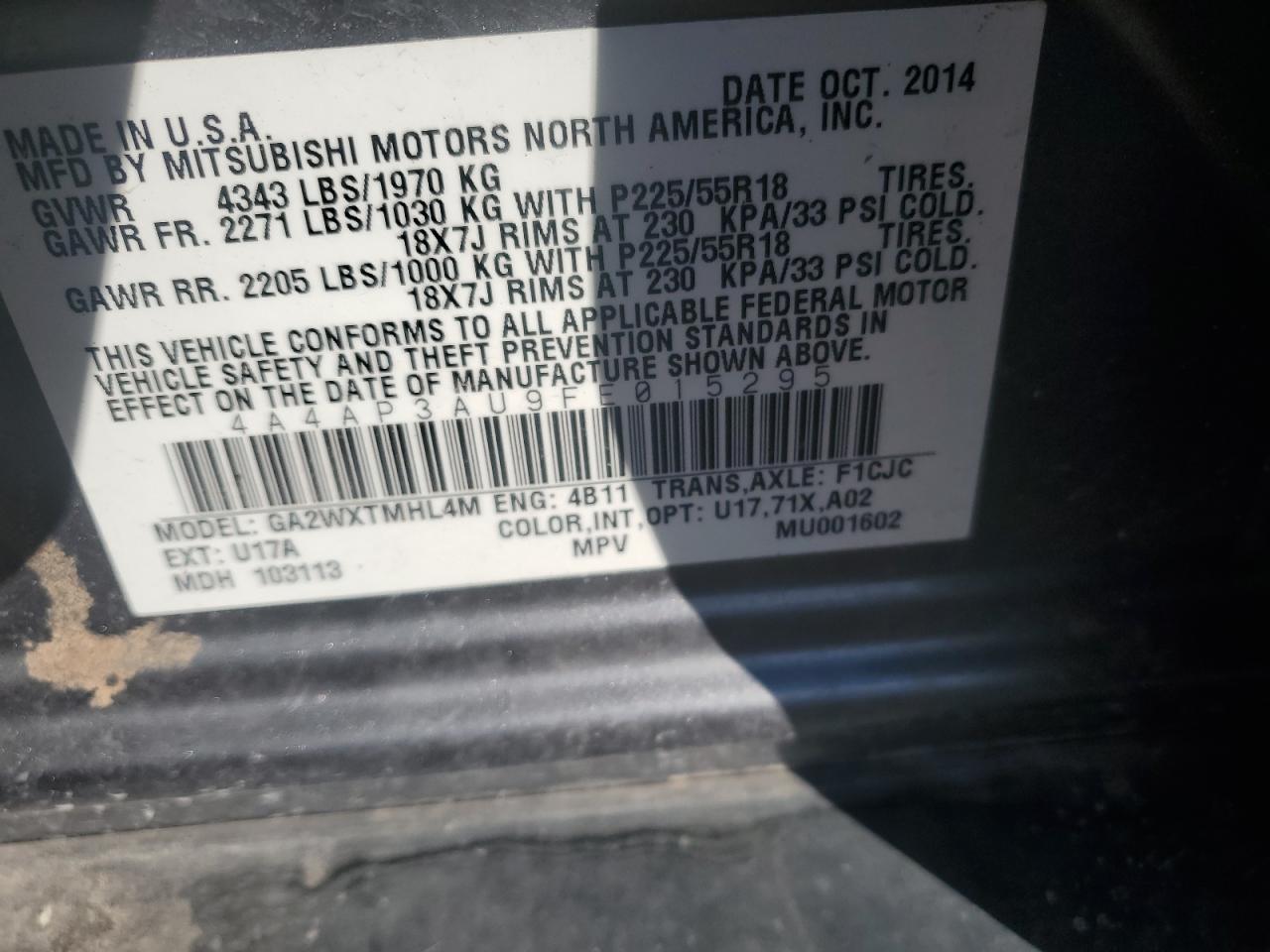 2015 Mitsubishi Outlander VIN 4A4AP3AU9FE015295 Copart auction photo, front end damage thumbnail 12
