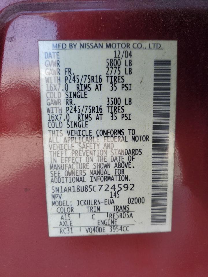 2005 Nissan Pathfinder VIN 5N1AR18U85C724592 Copart auction photo, front end / side damage thumbnail 13