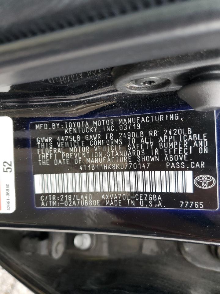 2019 Toyota Camry VIN 4T1B11HK8KU770147 Copart auction photo, front end / minor dent/scratches damage thumbnail 13