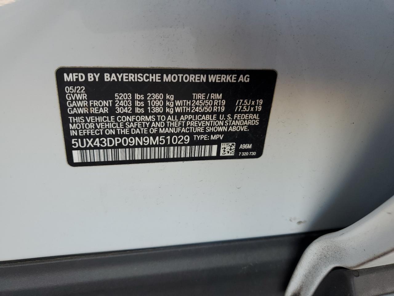 2022 BMW X3 VIN 5UX43DP09N9M51029 Copart auction photo, rear end damage thumbnail 13
