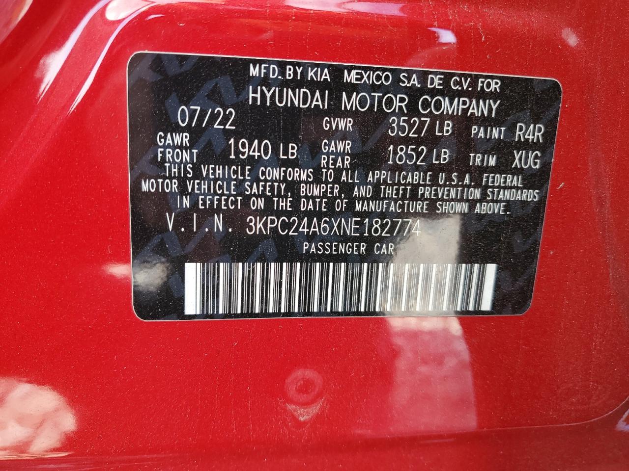 2022 Hyundai Accent VIN 3KPC24A6XNE182774 Copart auction photo, front end damage thumbnail 13