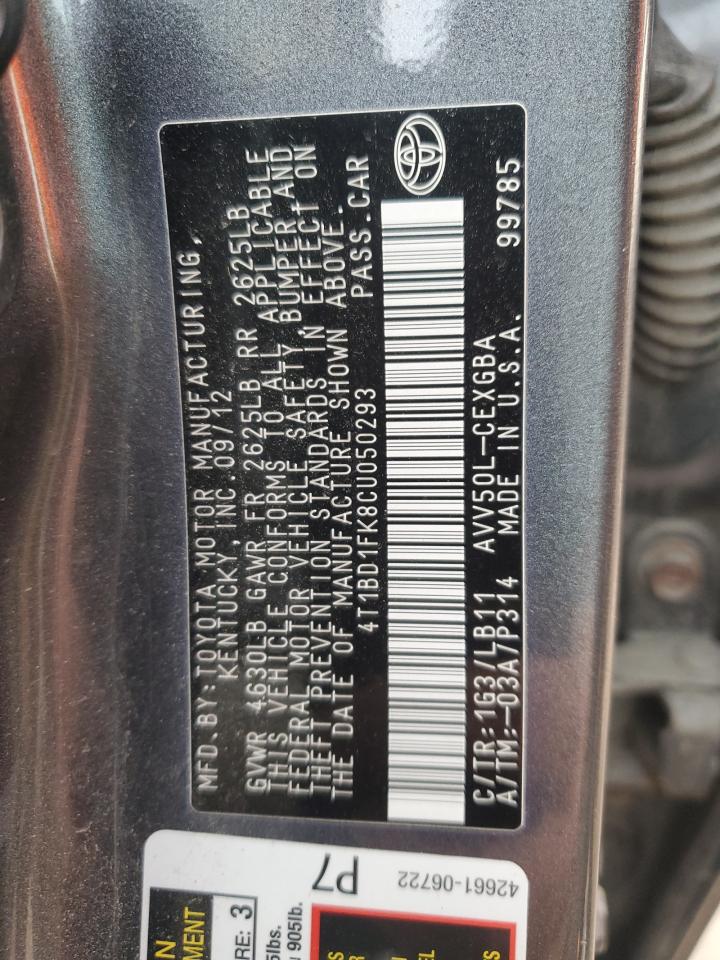 2012 Toyota Camry VIN 4T1BD1FK8CU050293 Copart auction photo, front end / undercarriage damage thumbnail 13