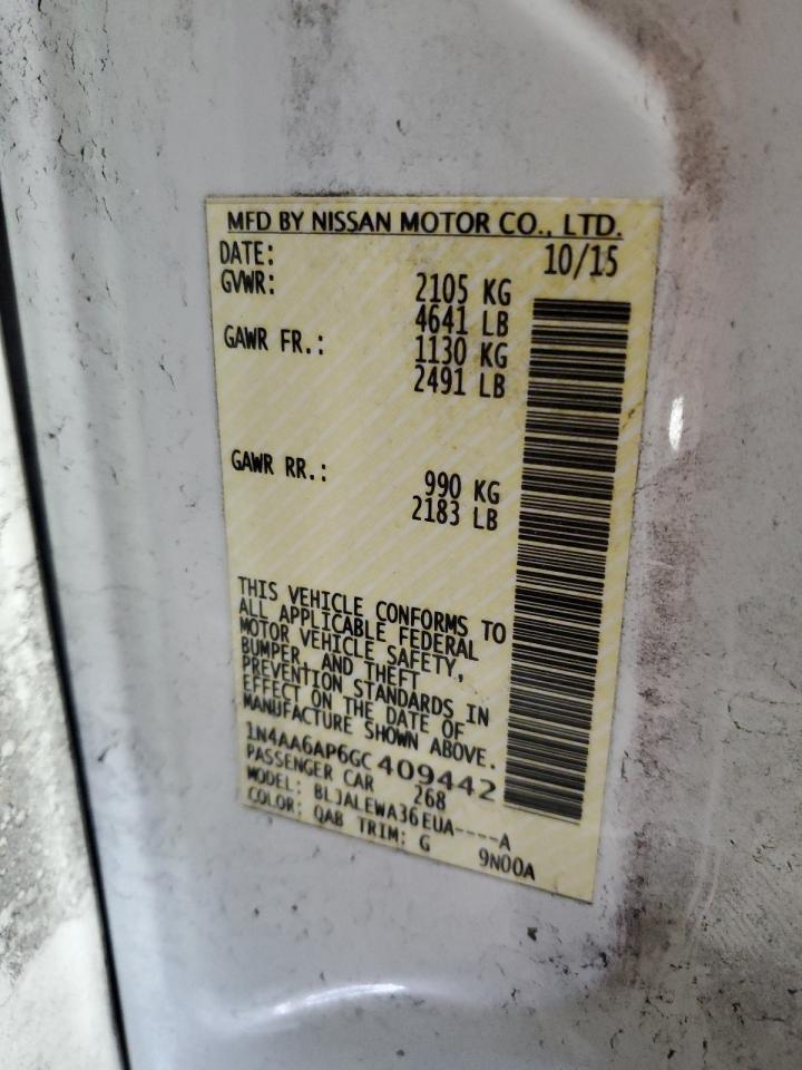 2016 Nissan Maxima VIN 1N4AA6AP6GC409442 Copart auction photo, front end / undercarriage damage thumbnail 14