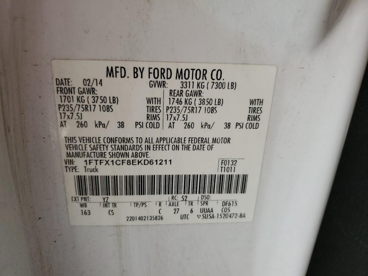 2014 Ford F-150 VIN 1FTFX1CF8EKD61211 Copart auction photo, all over damage thumbnail 12