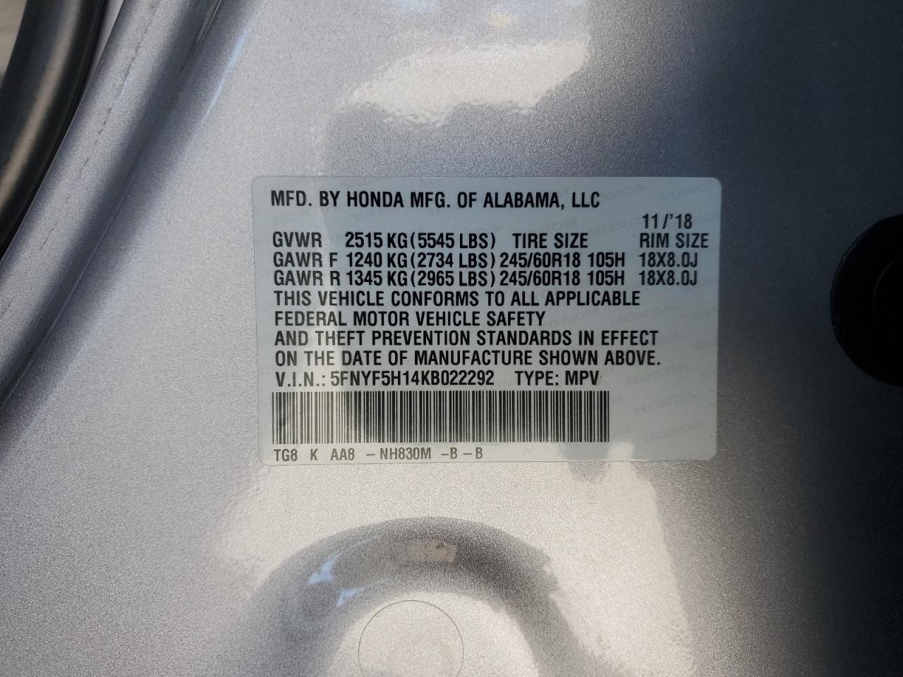 2019 Honda Pilot VIN 5FNYF5H14KB022292 Copart auction photo, front end damage thumbnail 13