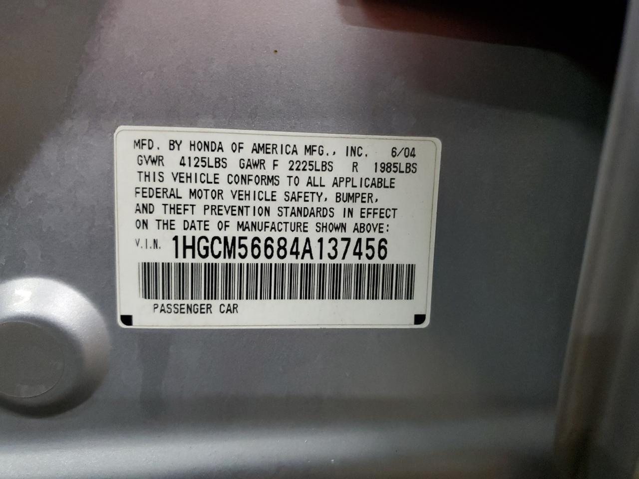 2004 Honda Accord VIN 1HGCM56684A137456 Copart auction photo, side / front end damage thumbnail 14