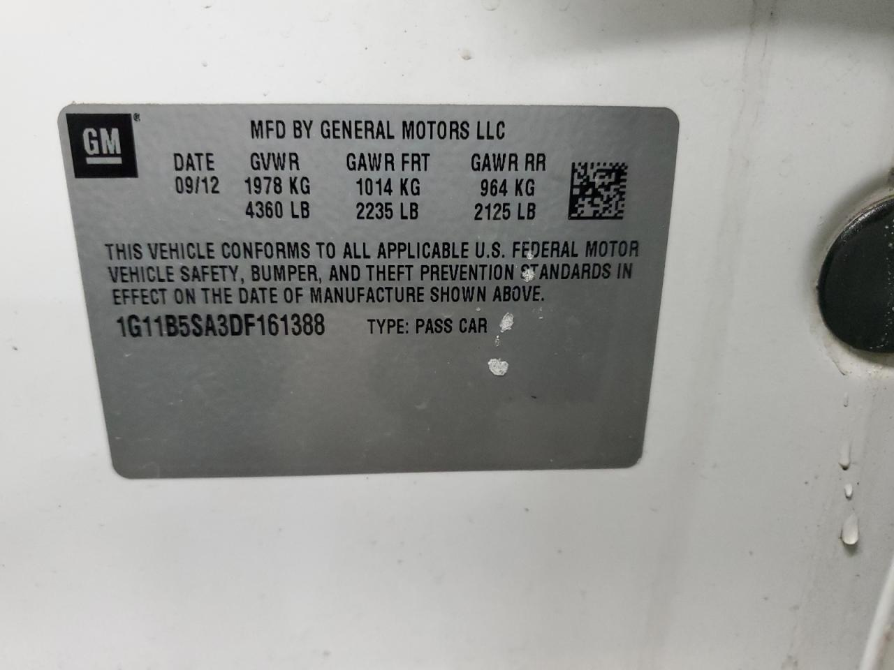2013 Chevrolet Malibu VIN 1G11B5SA3DF161388 Copart auction photo, front end damage thumbnail 12