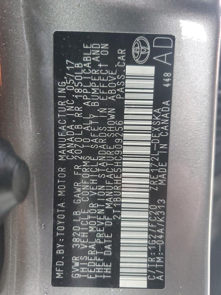 2017 Toyota Corolla VIN 2T1BURHE5HC909256 Copart auction photo, front end / side damage thumbnail 12