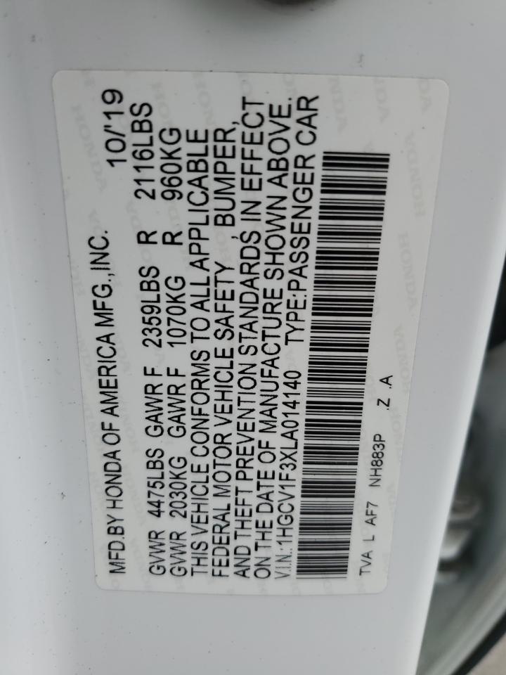 2020 Honda Accord VIN 1HGCV1F3XLA014140 Copart auction photo, front end damage thumbnail 12