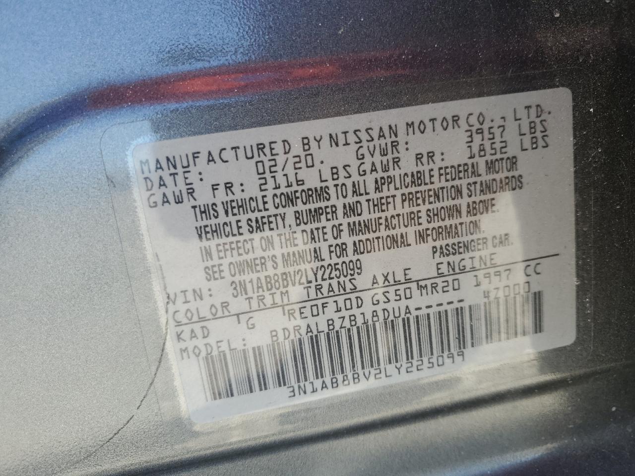 2020 Nissan Sentra VIN 3N1AB8BV2LY225099 Copart auction photo, rear end / front end damage thumbnail 12