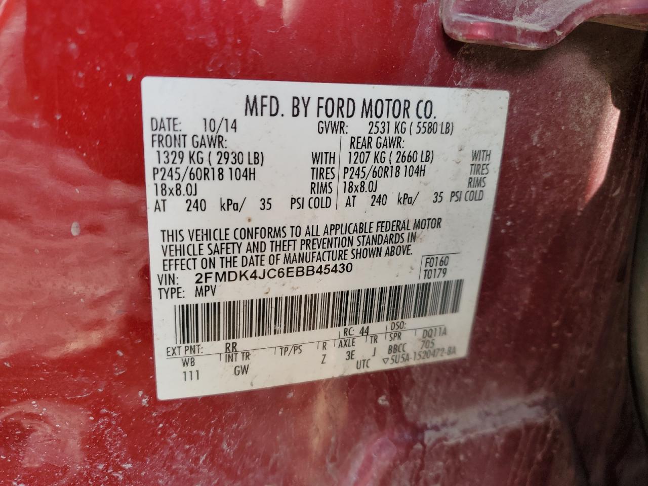 2014 Ford Edge VIN 2FMDK4JC6EBB45430 Copart auction photo, front end damage thumbnail 13