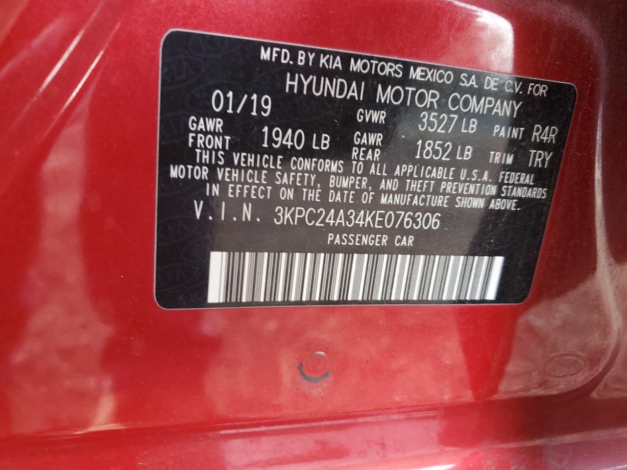 2019 Hyundai Accent VIN 3KPC24A34KE076306 Copart auction photo, vandalism damage thumbnail 12