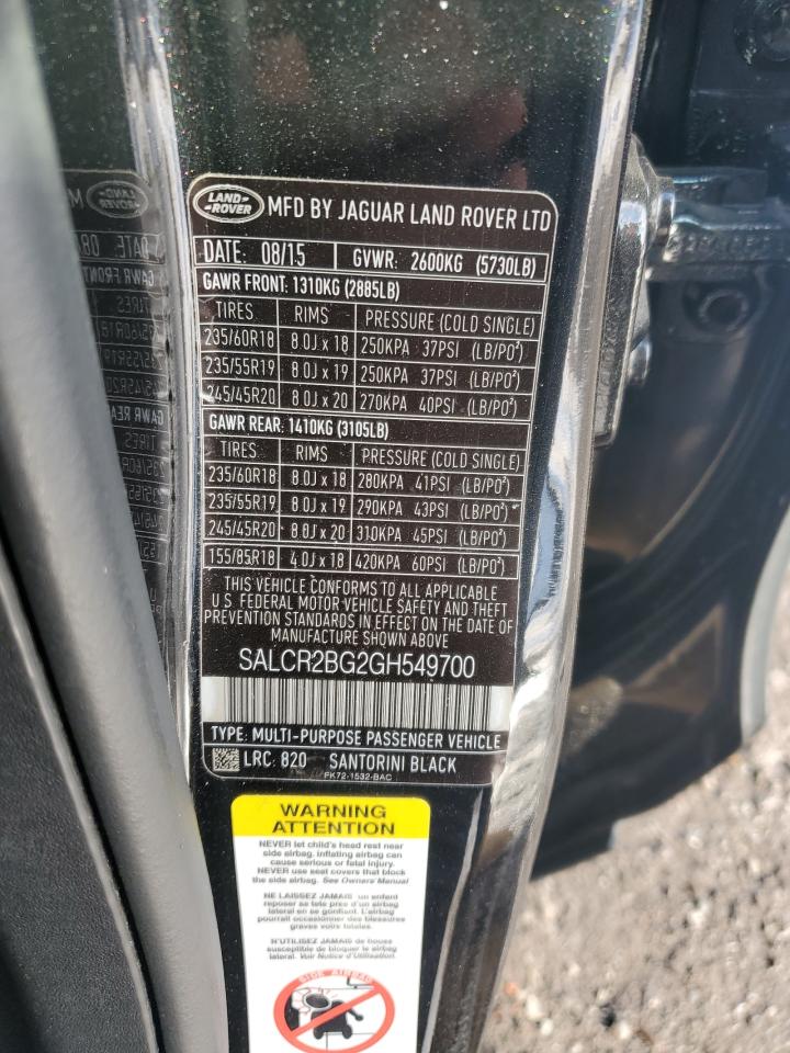 2016 Land Rover Discovery VIN SALCR2BG2GH549700 Copart auction photo, all over damage thumbnail 14