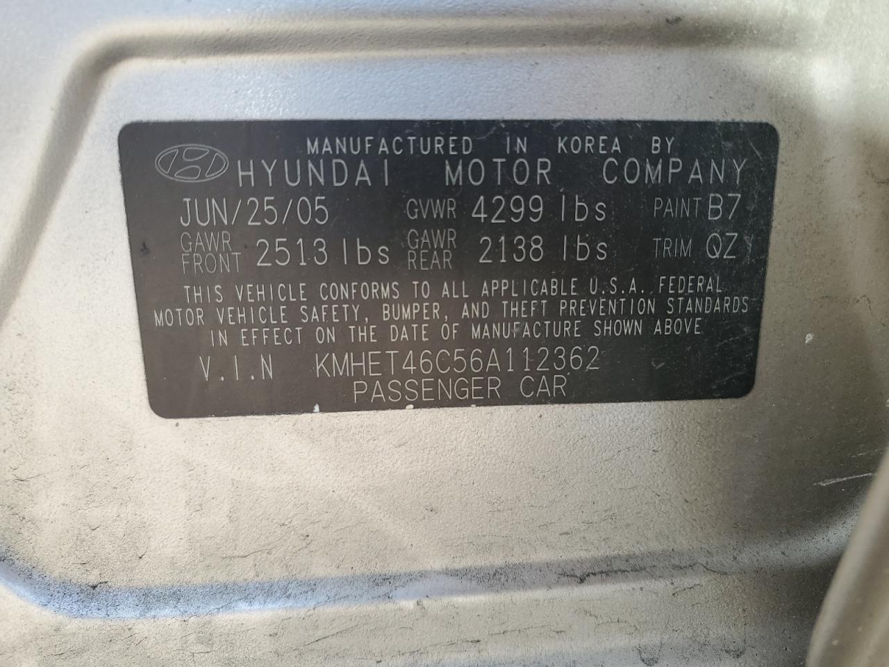 2006 Hyundai Sonata VIN KMHET46C56A112362 Copart auction photo, front end / side damage thumbnail 12