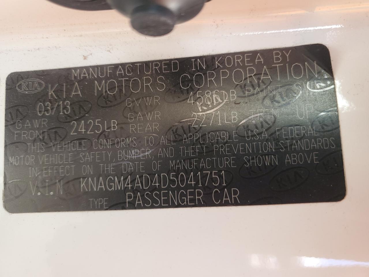 2013 KIA Optima VIN KNAGM4AD4D5041751 Copart auction photo, front end damage thumbnail 12