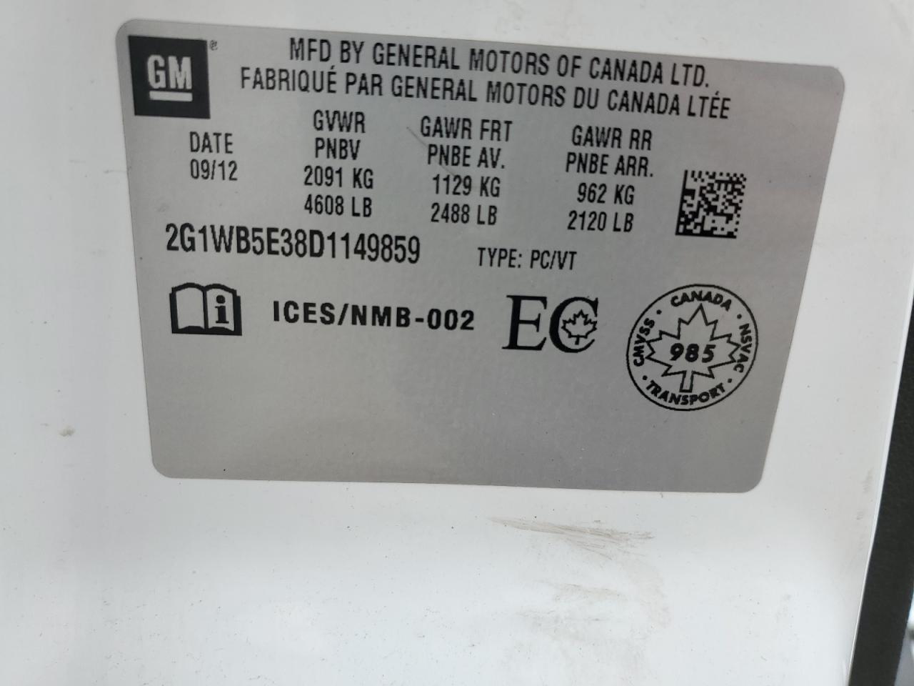 2013 Chevrolet Impala VIN 2G1WB5E38D1149859 Copart auction photo, front end / rear end damage thumbnail 12