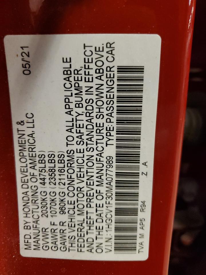 2021 Honda Accord VIN 1HGCV1F30MA077989 Copart auction photo, front end / mechanical damage thumbnail 12