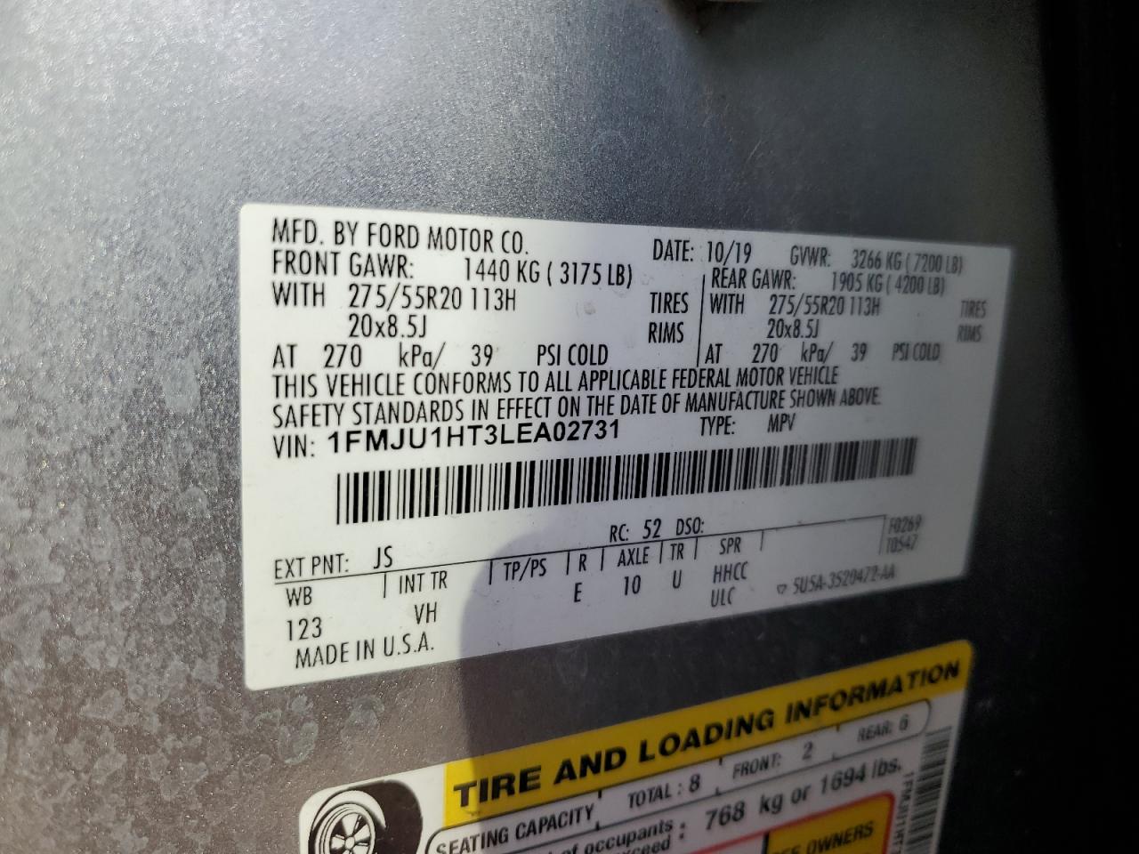 2020 Ford Expedition VIN 1FMJU1HT3LEA02731 Copart auction photo, front end damage thumbnail 16