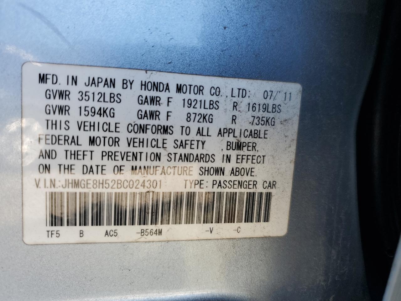 2011 Honda Fit VIN JHMGE8H52BC024301 Copart auction photo, rear end damage thumbnail 13