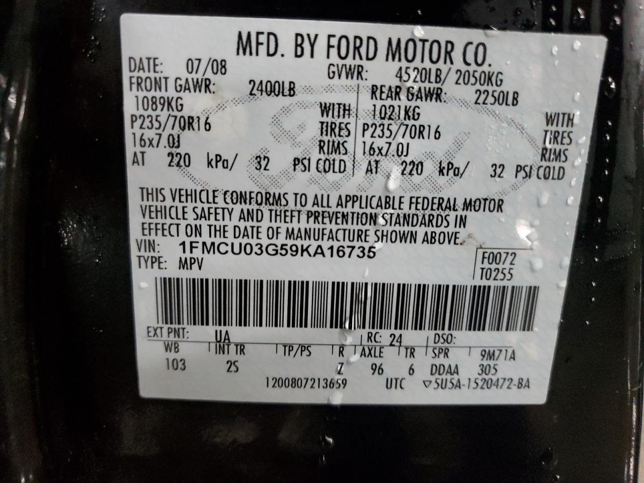 2009 Ford Escape VIN 1FMCU03G59KA16735 Copart auction photo, front end damage thumbnail 13