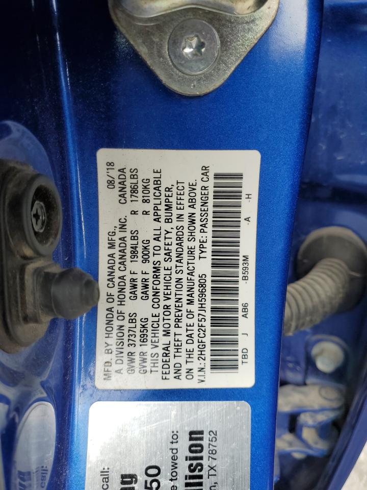 2018 Honda Civic VIN 2HGFC2F57JH596805 Copart auction photo, undercarriage / front end damage thumbnail 13