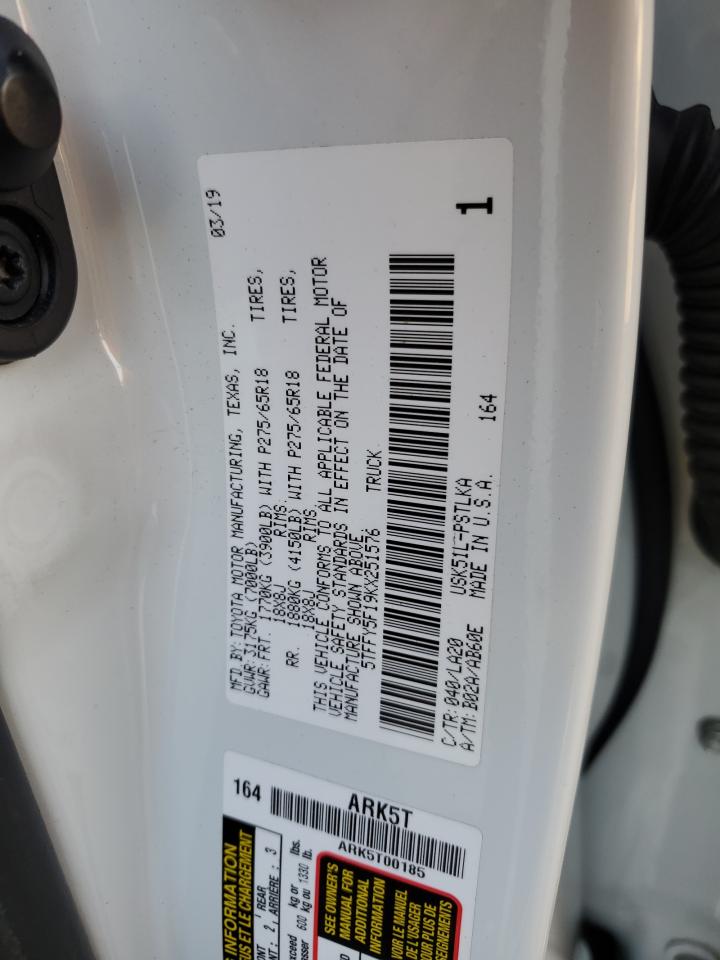 2019 Toyota Tundra VIN 5TFFY5F19KX251576 Copart auction photo, front end / side damage thumbnail 12