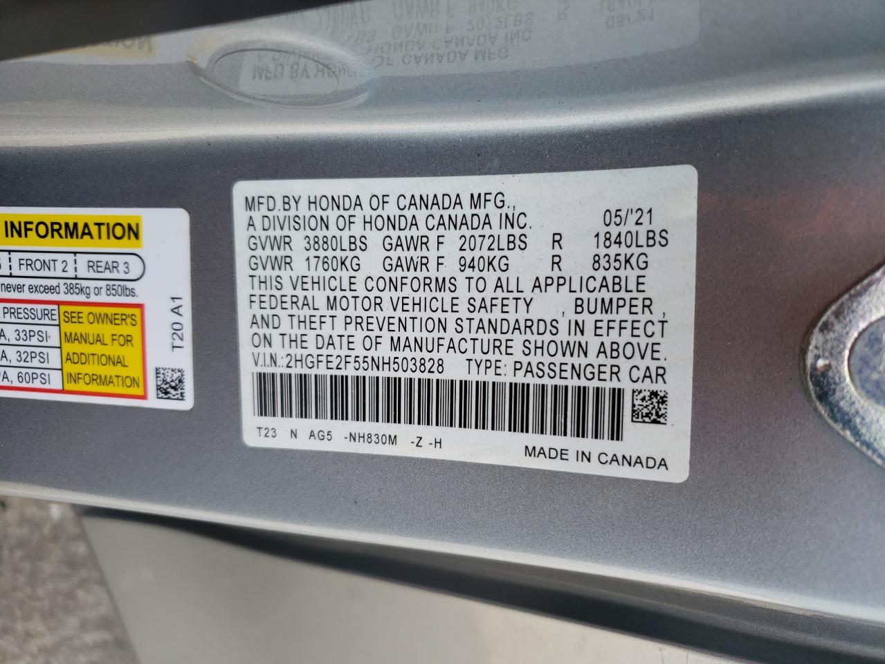 2022 Honda Civic VIN 2HGFE2F55NH503828 Copart auction photo, rear end damage thumbnail 14