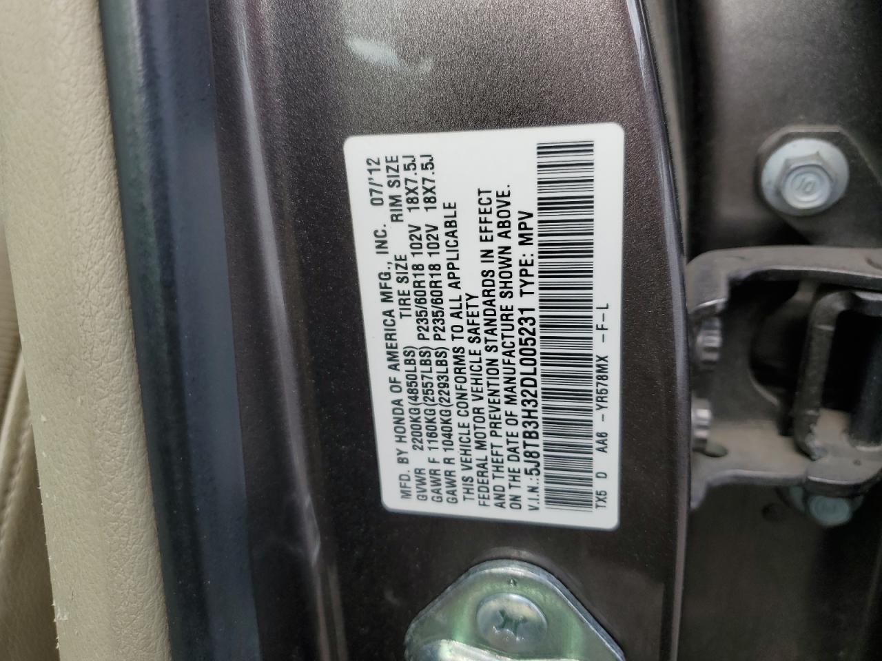 2013 Acura RDX VIN 5J8TB3H32DL005231 Copart auction photo, front end / minor dent/scratches damage thumbnail 13