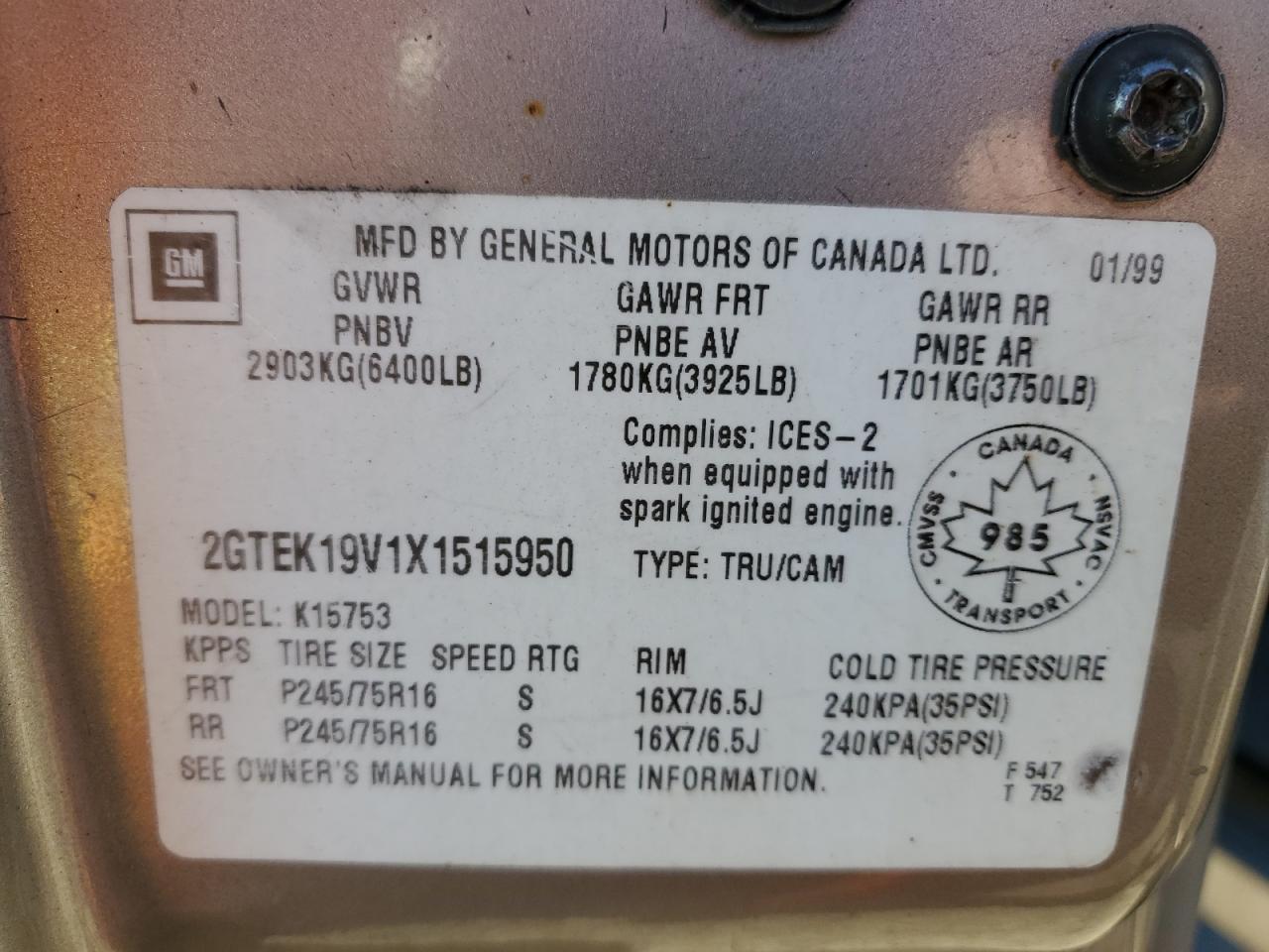 1999 GMC Sierra VIN 2GTEK19V1X1515950 Copart auction photo, side / top/roof damage thumbnail 12