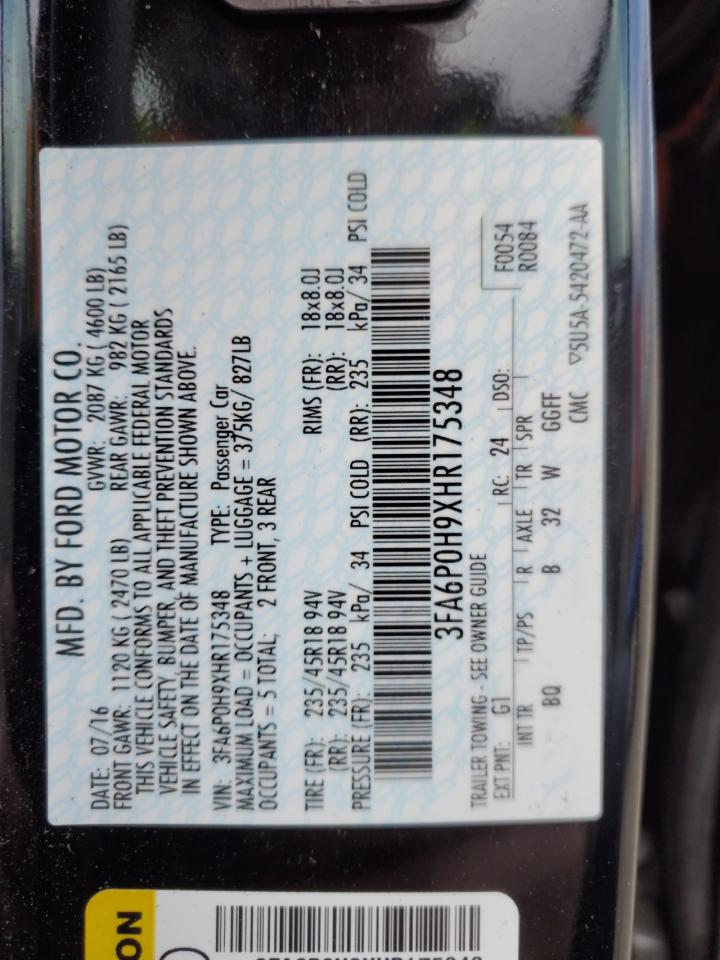 2017 Ford Fusion VIN 3FA6P0H9XHR175348 Copart auction photo, front end / rear end damage thumbnail 12