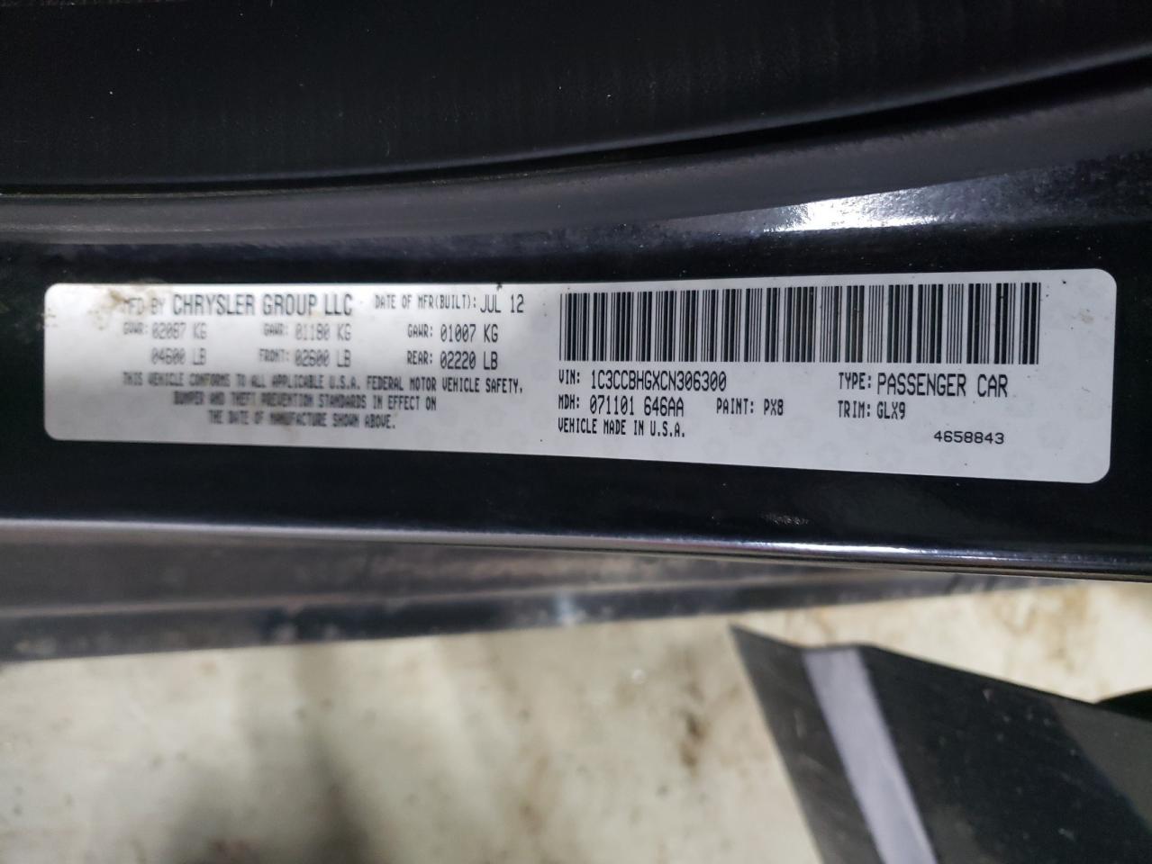 2012 Chrysler 200 VIN 1C3CCBHGXCN306300 Copart auction photo, front end damage thumbnail 13