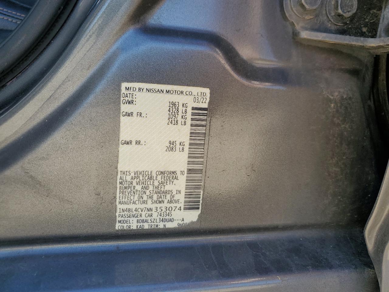 2022 Nissan Altima VIN 1N4BL4CV7NN353074 Copart auction photo, front end / side damage thumbnail 12