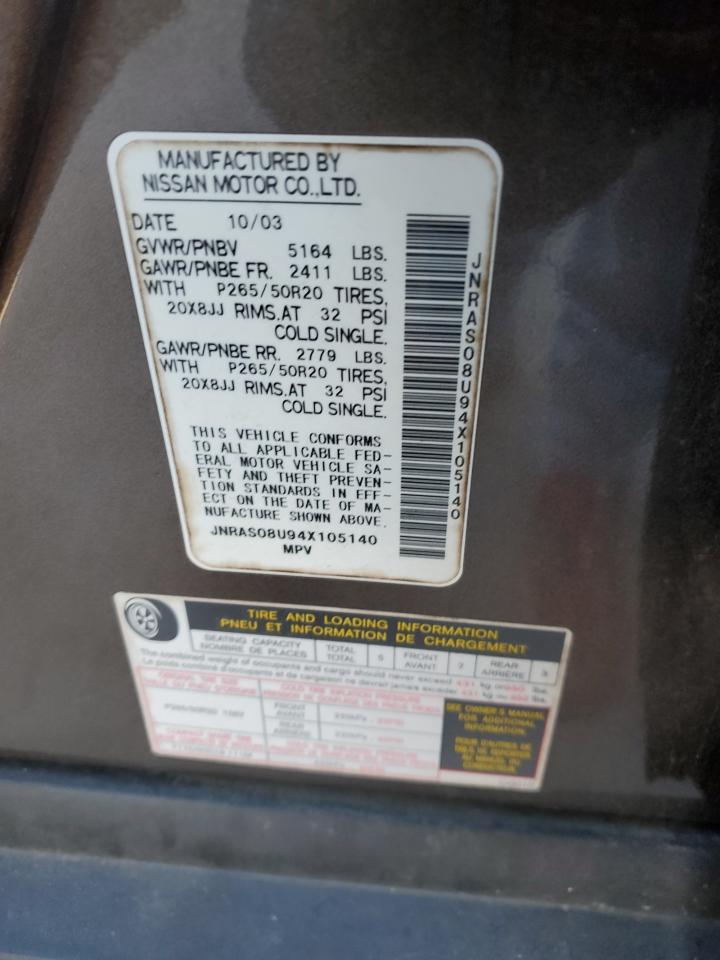 2004 Infiniti FX VIN JNRAS08U94X105140 Copart auction photo, front end damage thumbnail 14
