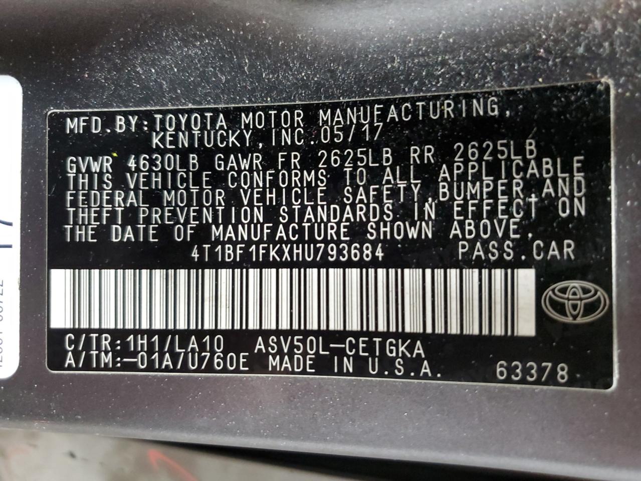 2017 Toyota Camry VIN 4T1BF1FKXHU793684 Copart auction photo, rear end damage thumbnail 13